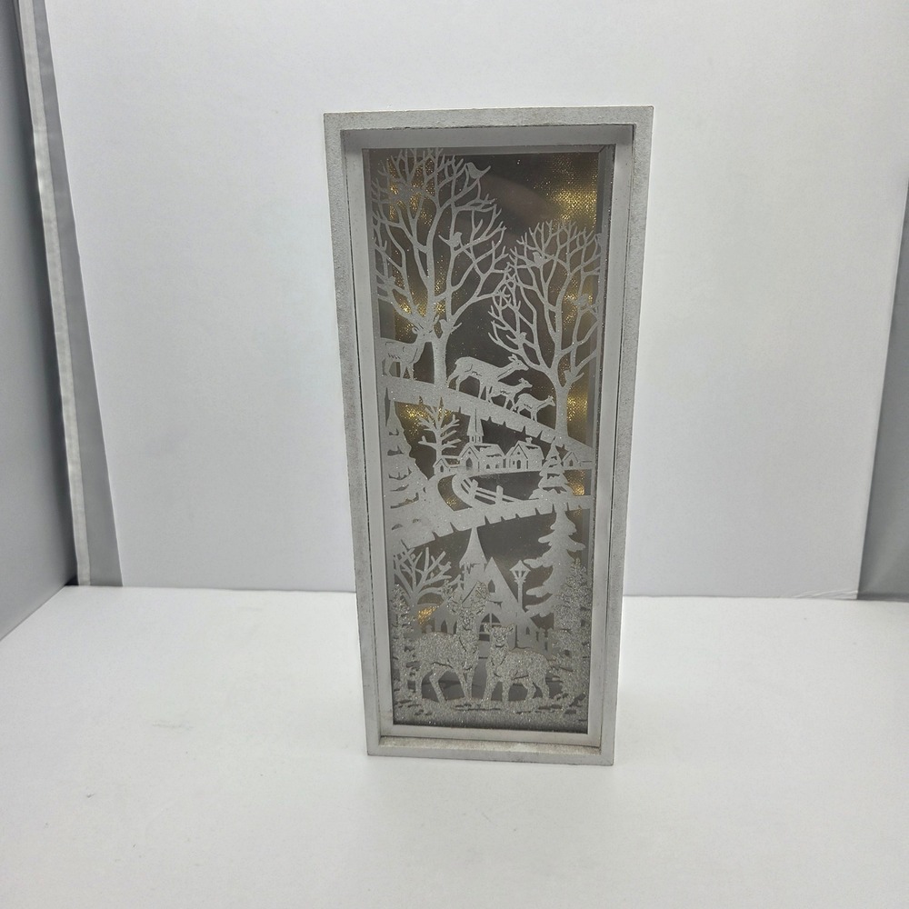 Unbranded Lighted Shadow Box Winter Forest Deer Village White Glitter LED Decor